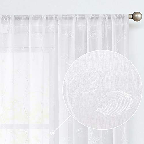 TOPICK Sheer Vorhang Voile Stangedurchzug Blätter Stickerei Gardine Transparent Weiß Blatt Vorhänge Gaze Paarig für Wohnzimmer Schlafzimmer H245xB140(cm) 2er Set