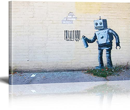 MJEDC Banksy Bilder Leinwand Coney Island Barcode Robot Graffiti Street Art Leinwandbild Fertig Auf Keilrahmen Kunstdrucke Wohnzimmer Wanddekoration Deko XXL 70x120cm