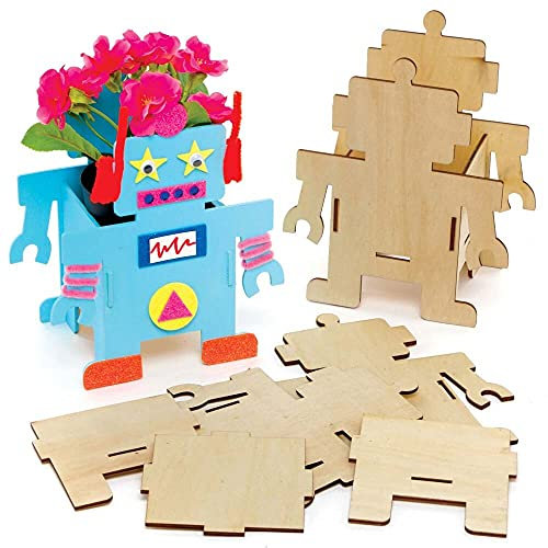 Baker Ross FE378 Roboter Holzbastelset Blumentopf - 3er Pack, für Kinder zum Basteln, zum Bemalen und Dekorieren
