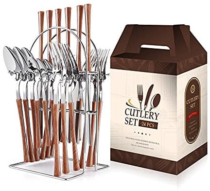 Akin Cutlery Set 24 Pieces 430 Stainless Steel Flatware Sets with Display Stand Knife, Fork and Spoon Silverware Set with Wooden Handle for Home Party Restaurant