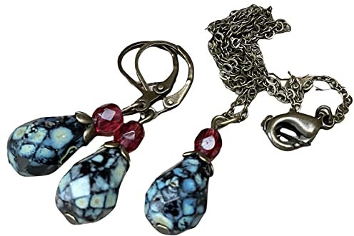 NEU! Vintage Schmuckset mit böhmischen TROPFEN Glasperlen - schwarz picasso travertin, fuchsia & bronze