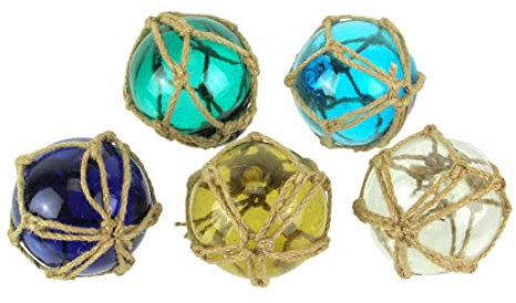 Zeckos Set of 5 Coastal-Inspired Replica Glass Fishing Floats with Rope Accents - Charming Nautical Antique-Style Decor Ornaments for Home, 3.5 Inch Diameter