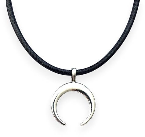 ASTER ALHELÍ - Collier Femme de Lune Inversée en Argent Antique - Pendentif en Corne d'homme et de Femme Avec Cordon en Cuir Noir Ciré et Fermoir en Acier - Idéal pour les Cadeaux