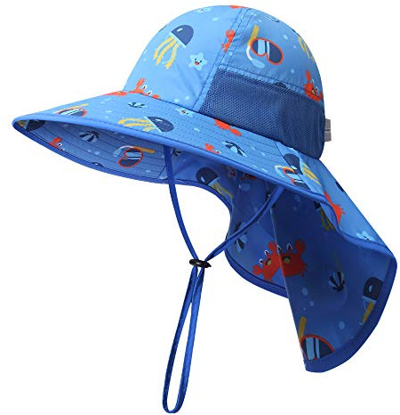 icolor Kids Sun Hat Toddler Summer Bucket Hat UPF50+ Sun Protection Beach Play Hats Wide Brim Neck Flap & Chin Strap for Ages 3~10 Boy