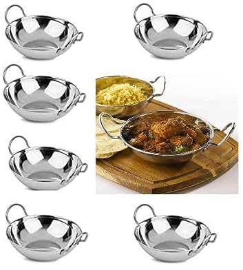 AuraHome® Balti Dish Karahi Kadai Stainless Steel Dishes with Handles Indian Curry Night Set Curry & Indian Cuisine for a More Authentic Dining Experience (21cm x 6 Pack)