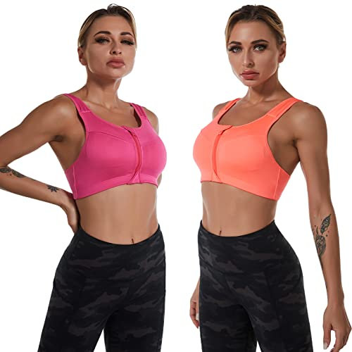 Jamron Mujer Talla Extra 2 Piezas Sujetador Deportivo de Alto Impacto Cremallera Frontal Sujetador Sin Aros con Almohadillas Removibles para Correr Yoga Fitness Fucsia + Naranja XXL