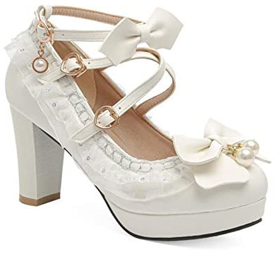 Frauen Sweet Lolita Cosplay Schuhe mit Schleife Dekoration Mid Blockabsatz Cross Strap Maid Mary Jane Pumps Kleid Prinzessin Uniform Schuhe (Color : White, Size : 39 EU)