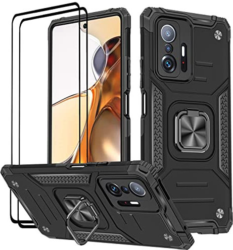 KANSi Hülle für Xiaomi 11T PRO 5G / Xiaomi 11T 5G, Schutzfolie [2 Stück] Silikon TPU Hart PC Handy Hüllen 360 Grad Drehbar Ringhalter Bumper Stoßdämpfung Schutzhülle - Schwarz