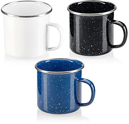 com-four® 3x Emaille-Becher - Trinkbecher aus emaliertem Edelstahl - Teepott - Kaffeetasse für Outdoor und Camping - 3-teiliges Becherset - spülmaschinengeeignet (weiß schwarz blau)