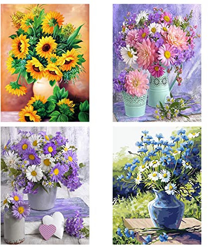 SupLetsico Diamond Painting, 4 Stück 5D Diamant Painting Blumen Bilder, Blume Diamant Painting Malerei für Erwachsene Full Drill DIY Kristall Set für Haus Wall Dekoration Geschenk(30x40cm)