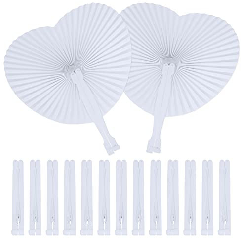 LAMEK 24 Stück Hochzeit Fächer Set Weiß Handfächer Herzförmiges Hochzeitsfächer Faltbar Papierfächer DIY Hochzeitsdeko für Party Wedding Fotografie Wand Dekoration Gastgeschenke