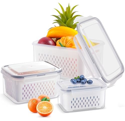 Esyhomi Fresh Food Storage Containers for Fridge, 3 Pack Stackable Fridge Storage Container, Fruit Vegetable storage with Drain Baskets, Refrigerator Organizer Bins with Lids for Kitchen
