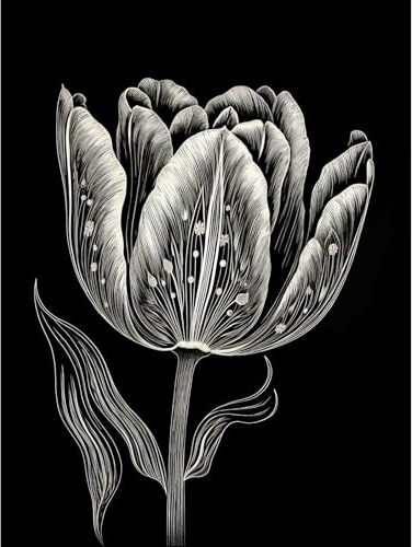 Artery8 Tulip Flower White on Black Blind Contour Folk Art Extra Large XL Wall Art Poster Print