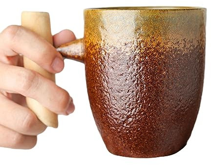 CAPIJIONG Ensemble de tasses à café en céramique de 5 oz – Tasses scandinaves Creative Retro Tasses dorées Couple Mugs-Large Jinqiu Poignée en bois Tasse d'eau 007-101-200ml