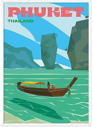 JUNOMI® Phuket Poster DIN A2 | Wohnzimmer Deko, Modernes Wandbild, Thailand Poster, Reiseposter, Bangkok, Thailand | Mit Rahmen Weiß