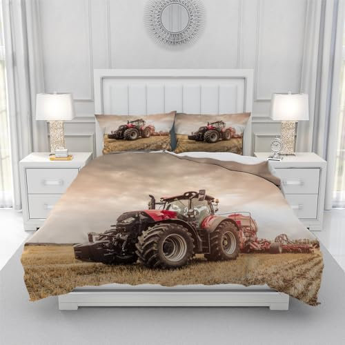 Leleyouzer 3D Traktor Bettwäsche Set 135 x 200 cm,Traktor Muster Bettbezug für Kinder Jungen,Weich und Bequem Mikrofaser 3 Stück Set mit Zip Verschluss