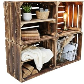 Teramico Holzkisten geflammt 50x40x30cm (4er Set | 2 x Boden Lang) | Geflammte Vintage Weinkisten im Set als Regal oder zur Aufbewahrung nutzen. Perfekt für stilvolle Dekoration im Wohnzimmer.