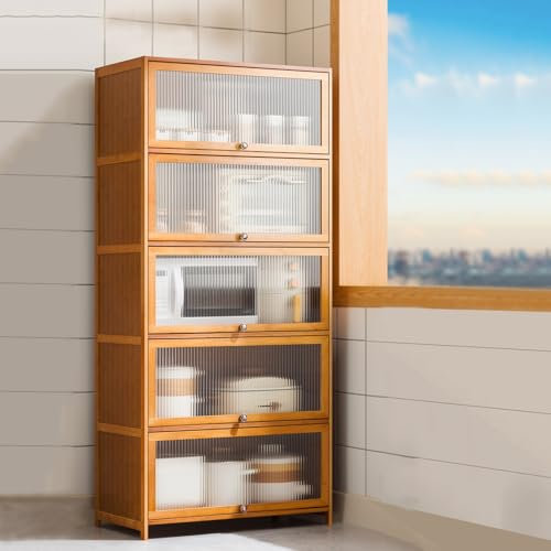 Cocina Armario Madera,Estantería De Almacenamiento Cocina Multiuso con Puerta Abatible,Estante para Microondas,Soporte para Horno,Nan Bambú, para Especias, Platos, Ollas Y Sartenes ( Size : 60x42x172c
