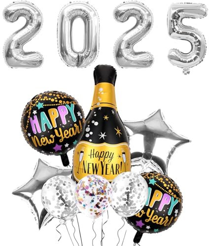 Catelves Silvester Deko 2025 Luftballon Dekoration Set, Neujahr Silvesterdeko Silber Ballons,Happy New Year Folienballon,Silvester Party Deko, Stern Ballons,Silvesterpartydeko Accessoire