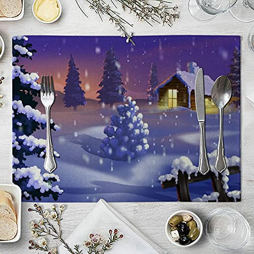Bishilin Tischset Abwaschbar, Platzsets mit Motiv 6er Set Winter Häuser und Bäume Platzdeckchen Leinen Modern für Holztisch Glastisch Esstisch, 32x42CM