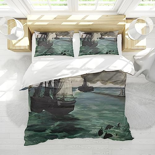 Wewoo Home Weiche, atmungsaktive Bettbezüge 3-teilig Edouard Manet - Das Dampfschiff Seelandschaft mit Schweinswalen Steppbezüge Set - Reißverschluss Eckbänder 135x200cm