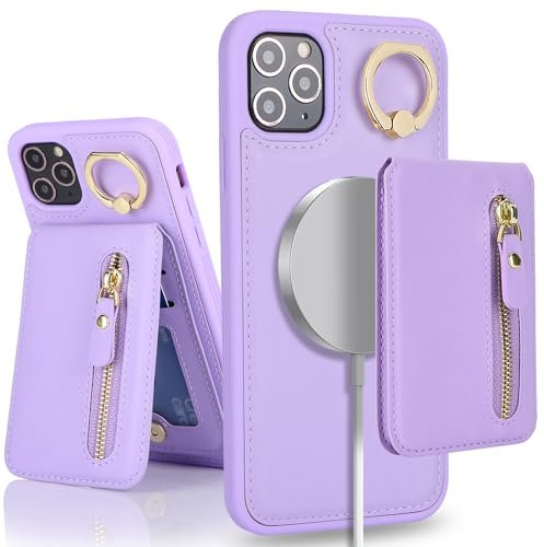 SailorTech iPhone 11 Pro Max Phone Leather Case with Credit Card Holder Magsafe, iPhone 11 Pro Max Case Ring Stand with Kickstand Card Slots Wallet Detachable 2-in-1 Zipper Case - Purple