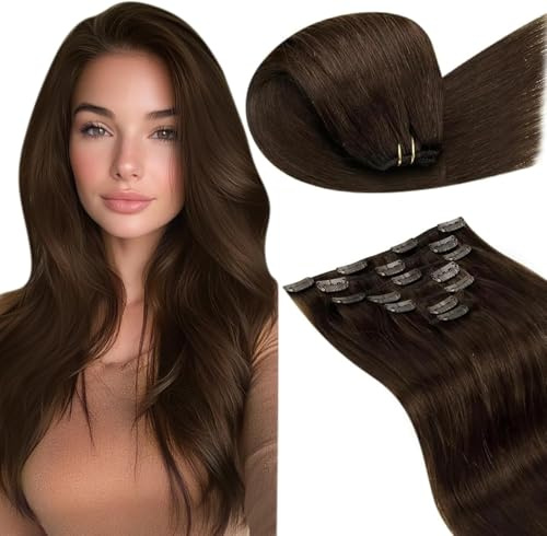 LaaVoo 50cm Clip in Extensions Echthaar Braun Haar Extensions Echthaar Clips Remy Echthaar Extensions Tressen Dunkelbraun 120g #4
