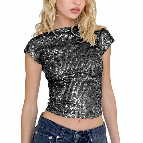 MLKLDOU Damen-Tanktop mit Glitzer-Pailletten, rückenfrei, schimmernd, Camisole Top, kurzes, modisches schmales T-Shirt für Damen und Mädchen, Schwarz, L