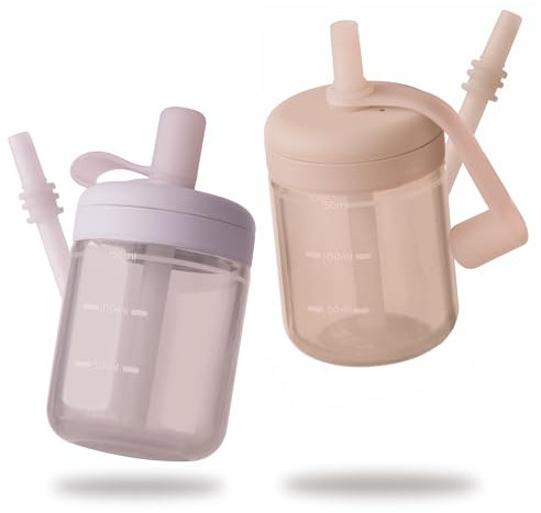 Moonkie Toddler Water Bottle, Silicone Sippy Cup, Straw Cup, BPA-Free Toddler Cup, Non Spill Cup for Toddler, Baby Cup with Straw from 6 Months, Dishwasher Safe, 2 Pack, 5 oz(Soft Lilac/Blush)