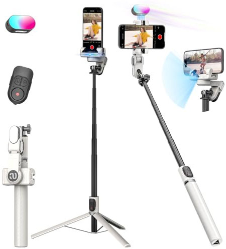 AOCHUAN Smartphone Gimbal stabilizzatore, tracciamento del viso senza app-Stabilizzatore cardanico cellulare 4 in 1 per iPhone e Android, 108 cm asta estesa con luce di riempimento RGB, M2PRO bianco