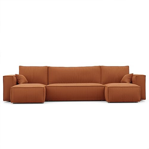 GREKPOL Ecksofa Paris U Poso Cordstoff Sofa Couch mit Schlaffunktion Bettkasten (Ziegelrot Poso 40)