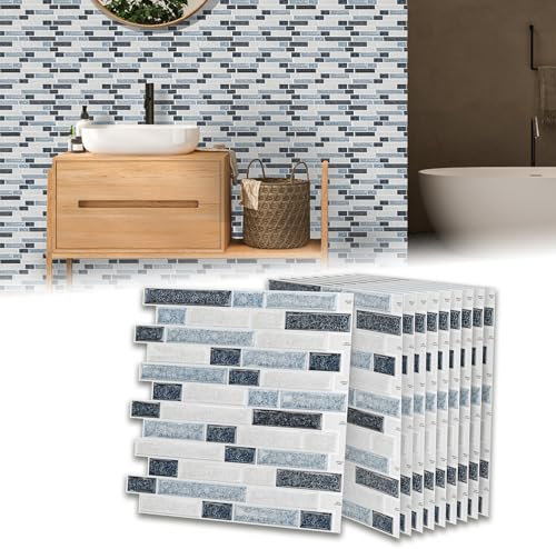 LZQ 10 adesivi per piastrelle 3D, 30 x 30 cm, piastrelle autoadesive da parete, in PVC, per cucina, bagno, cucina, soggiorno, piastrelle a mosaico (tipo C, blu + grigio)