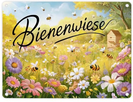 Bienenwiese Metallschild in 15x20 cm mit bunter Blumenillustration Bienenstock im Sonnenlicht zieht Bienen an die Nektar sammeln