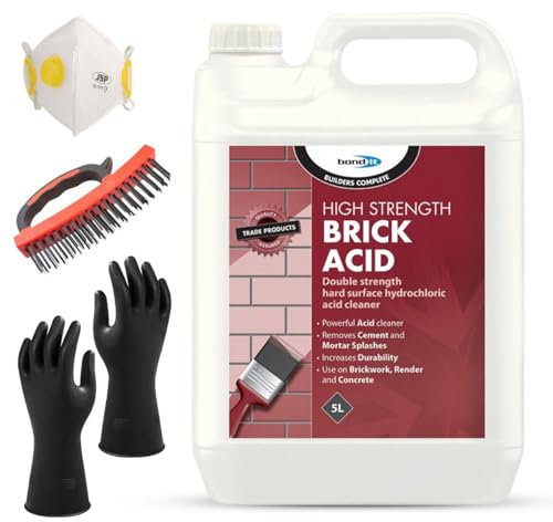 Bond-It 5L High-Strength Brick Acid Cleaner Kit - Cement & Mortar Remover for Splash Tiles with Safety Gloves, Face Mask, & Yancoo Wire Brush