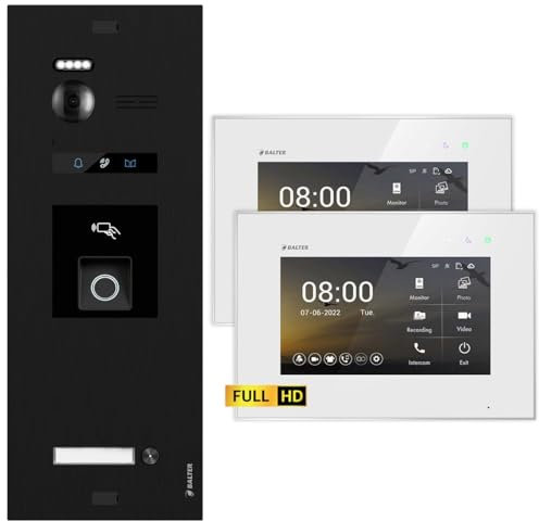 Balter EVO HD Schwarz/Weiß Video Türsprechanlage mit Fingerprint Set für 1 Familienhaus (1x Türstation mit Full HD-Kamera, 2X 7 Zoll Monitor, 2-Draht Bus, RFID, 175° Weitwinkel)