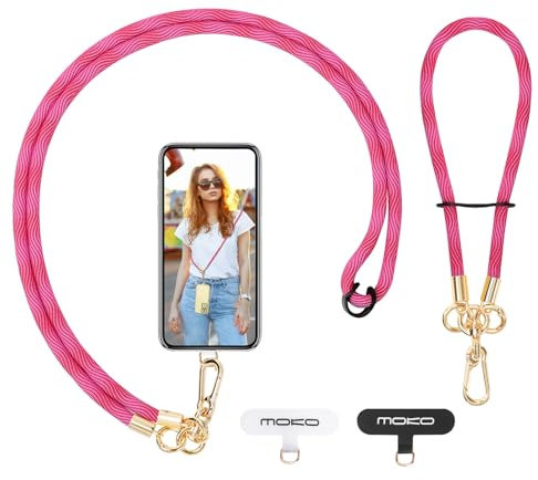 MoKo Crossbody Lanyard, Adjustable Cell Phone Lanyard, Premium 8mm Thick Rope Mobile Phone Lanyard for iPhone, Samsung, and More | Phone Neck Strap×1, Wrist Strap×1, Lanyard Patch×2, Rose Red