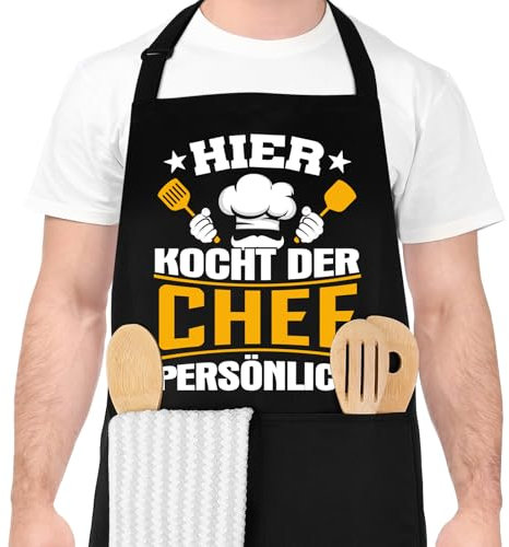 Lustige Kochschürze für Männer, Grillschürze für Männer HIER KOCHT DER CHEF PERSÖNLICH Professionelle Grillschürze Chefkoch Ehemann Küchenschürze mit Doppeltasche Verstellbar Geburtstagsgeschenk