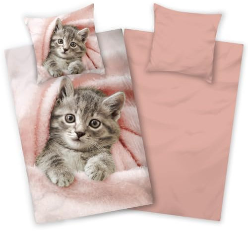 Aminata kids Bettwäsche Katze 135x200 Baumwolle Mädchen | Wende-Kinder-Bettwäsche-Set Katzen-Motiv | Katzenbaby | YKK Reißverschluss rosa niedlich