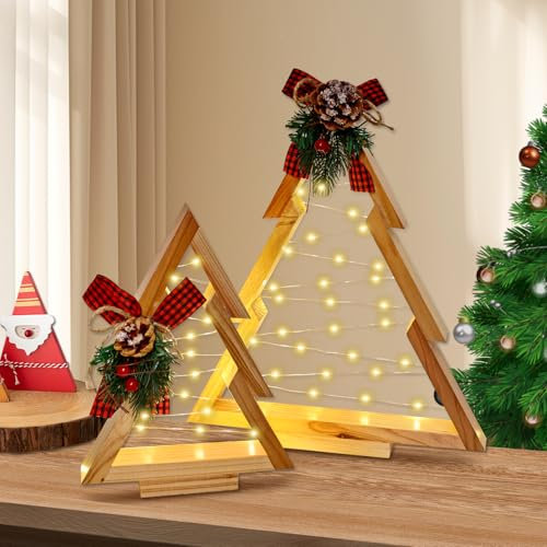 2 Pcs Wooden Christmas Tree Fireplace Decor, Modern Farmhouse Tabletop Christmas Tree Holiday Decorations, Small Christmas Tree with LED Lights for Christmas Decorations Indoor (34.5 * 24.2 CM)