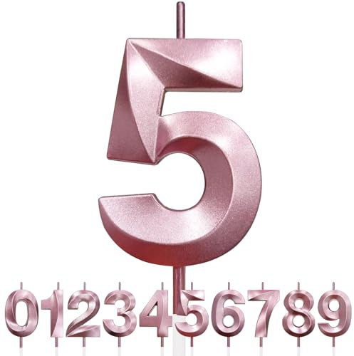 Nummer 5 Geburtstagskerze, 5. Geburtstag Kerze, 3D Design Roségold Glitter Nummer Kerzen, Cake Topper Dekorationen, Kuchen Kerze für Geburtstagsparty, Hochzeitstag, Baby-Dusche, Party-Dekoration