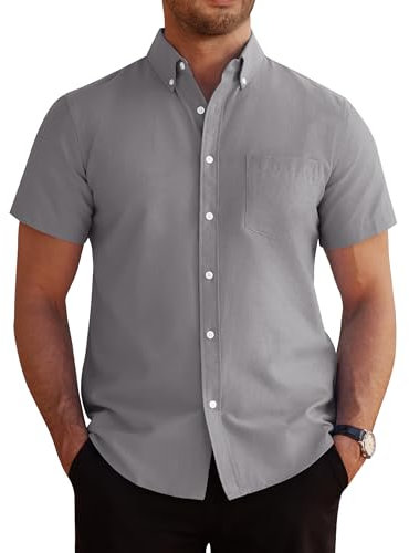 J.VER Men's Short Sleeve Shirt Smart Casual Regular Fit Cotton Button Down Oxford Non Iron Business Work Office Summer Dress Shirts Grey 4XL