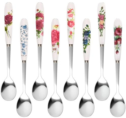 Cucharillas de Café,Forreen 8 Piezas Atractivo Flores Imprimir Porcelana Cuchara de Mezcla de Acero Inoxidable con Mango de Cerámica para Café Postre Chocolate