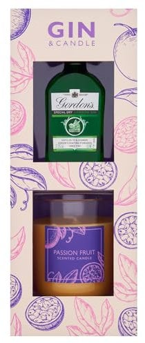 Gordon’s London Dry gin 5cl & Candle Gift Set, including a 150g Passion Fruit scented candle. Perfect for Christmas and Birthdays. Premium Packaging.By Blue Tree Gifts.