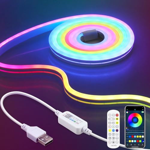 Aclorol Neon LED Streifen 3M RGB IC Neon LED Strip USB 5V IP65 Wasserdicht Musik Sync LichtBand mit App-Steuerung DIY-Lichteffekte für Wohnzimmer Schlafzimmer Party Wand Deko Innebereich Außen