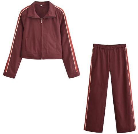Giacca da donna a righe laterali, maniche lunghe, cerniera e pantaloni lunghi casual, fucsia, S