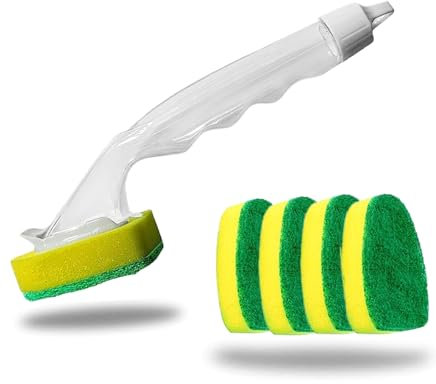 Easyclean 4 x Sponge with Dispensing Non-Scratch and Leakproof Washing Up Heavy Duty Brush Kitchen Scourer Dish Brush & Refill Heads,Ergonomic Handle,Bathroom Scrubbing Kitchen Cleaner