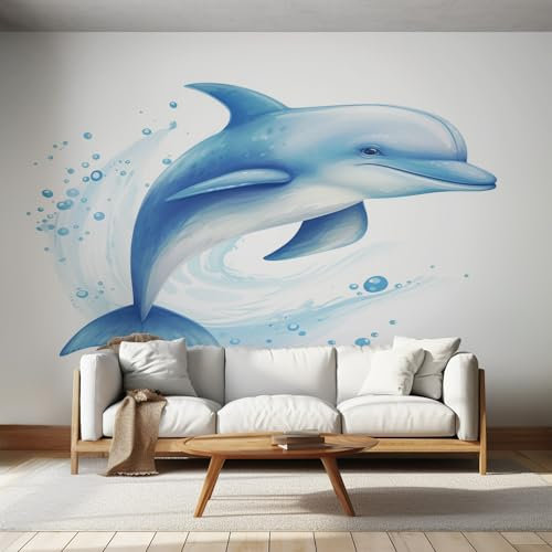 Fototapete Delfin Meer Aquarell 150×105, Meerestiere Tapete Fototapeten, Schlafzimmer Wohnzimmer, Vlies Tapeten Wandtapete, XL Wandbild Wand Deko