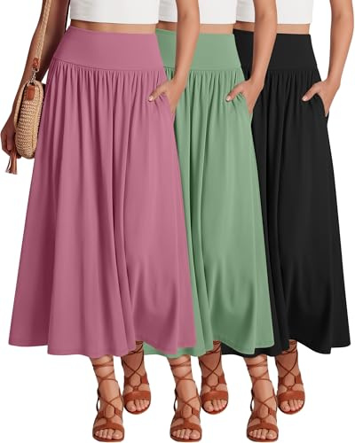 Ficerd Confezione da 3 Gonne Lunghe Lunghe da Donna, Lunghezza alla Caviglia, Vita Alta, Gonne Estive Casual con Tasche