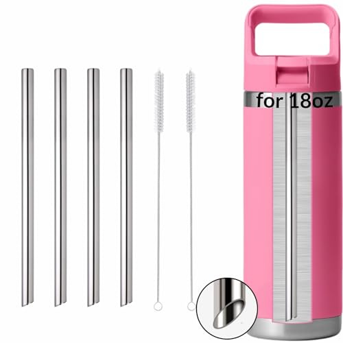 4PCS Replacement Metal Straw for YETI Rambler 18 oz Straw Cap Water Bottle, Reusable 304 Stainless Steel Replacement Straws with 2PCS Cleaning Brushes Compatible with YETI Rambler Jr. 18 oz