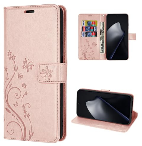 betterfon Handyhülle kompatibel mit Xiaomi 15T Pro | Premium PU Leder Handy Hülle Wallet Case | Schutzhülle Blumen Klapphülle | Rosegold